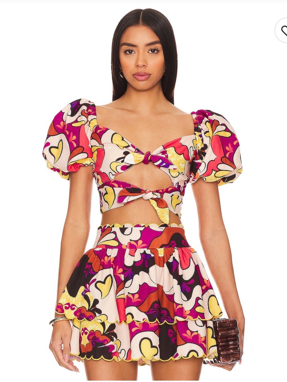 Agua Bendita Pink Multi Floral Cutout Puff Sleeve Crop Top and Matching Skirt